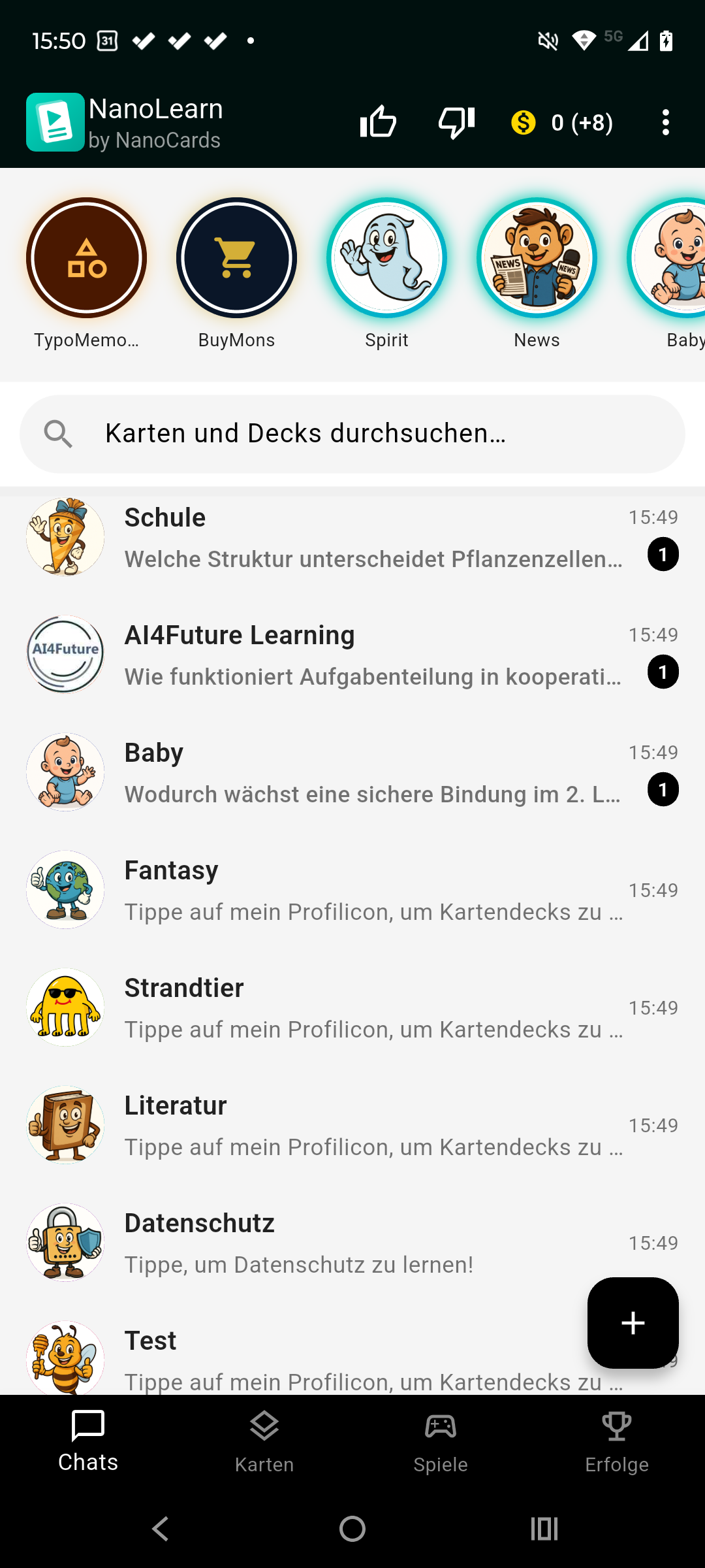 Chats-Übersicht mit echten Lernbots wie Schule, AI4Future Learning und Baby