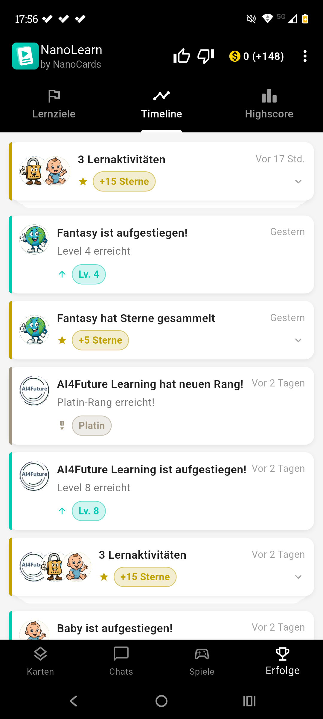 Erfolge-Timeline mit gesammelten Sternen und Rang-Aufstiegen