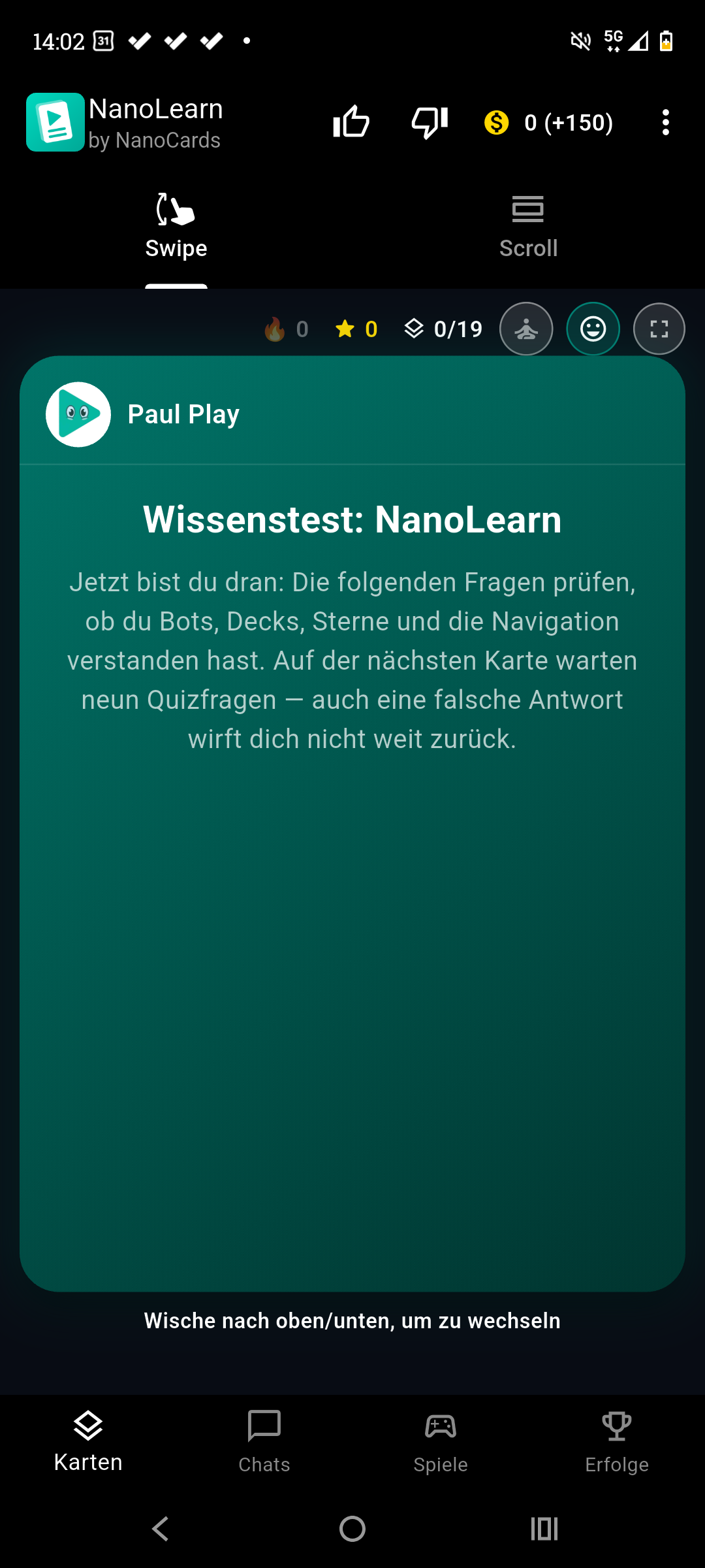 Quizfrage im Karten-Swipe-Modus