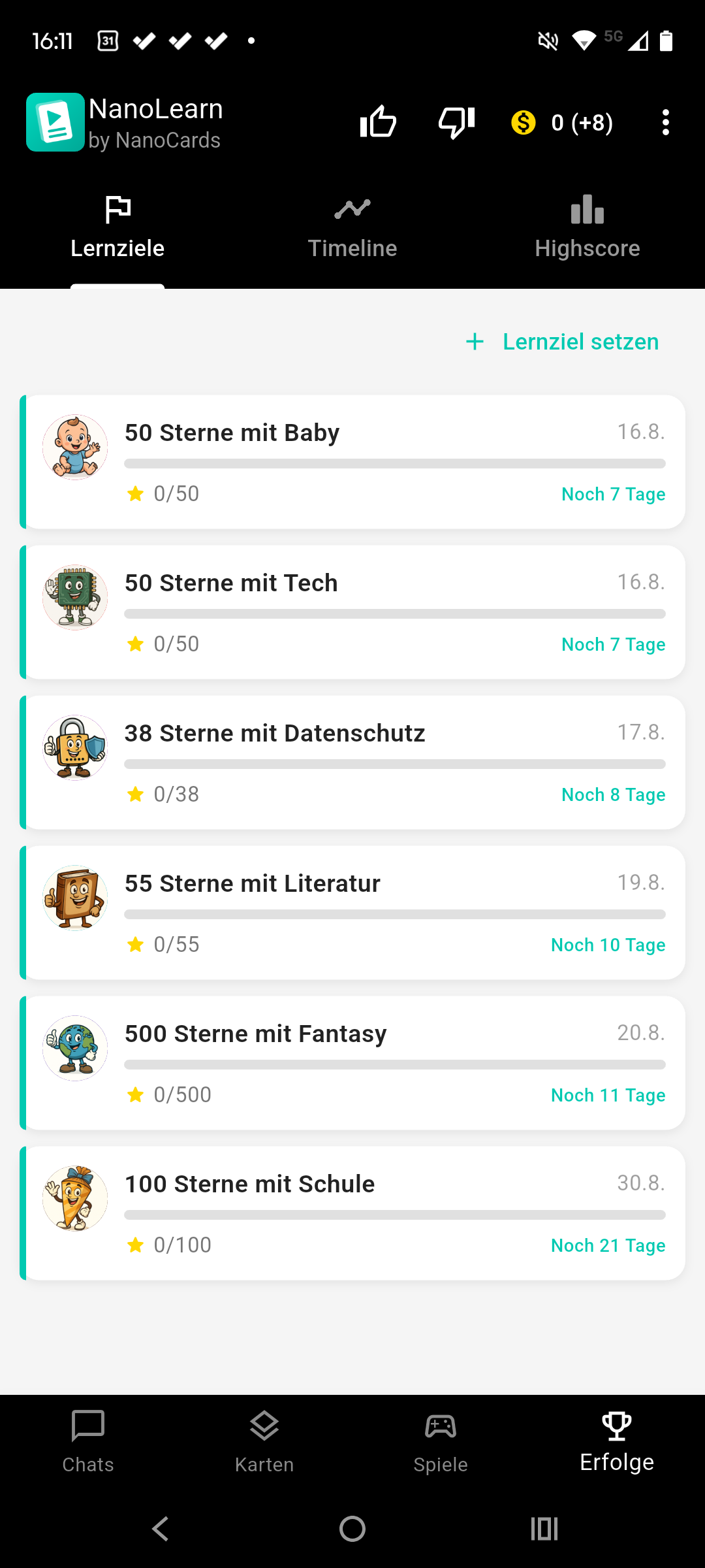 Lernziele mit Zielsternen und Countdown