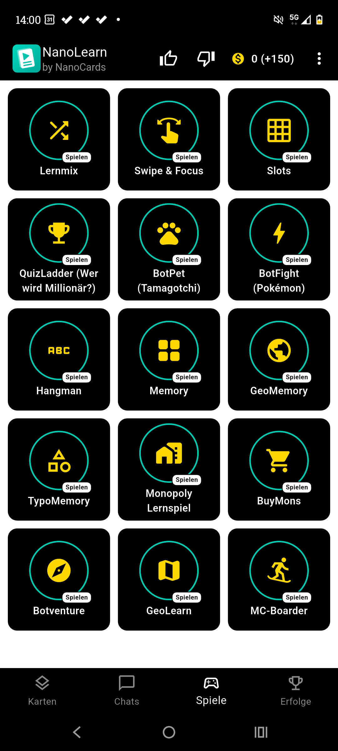Übersicht der Lernspiele: Lernmix, Swipe & Focus, Slots, QuizLadder, BotPet, BotFight, Hangman, Memory, GeoMemory, TypoMemory, Monopoly Lernspiel, BuyMons, Botventure, GeoLearn, MC-Boarder